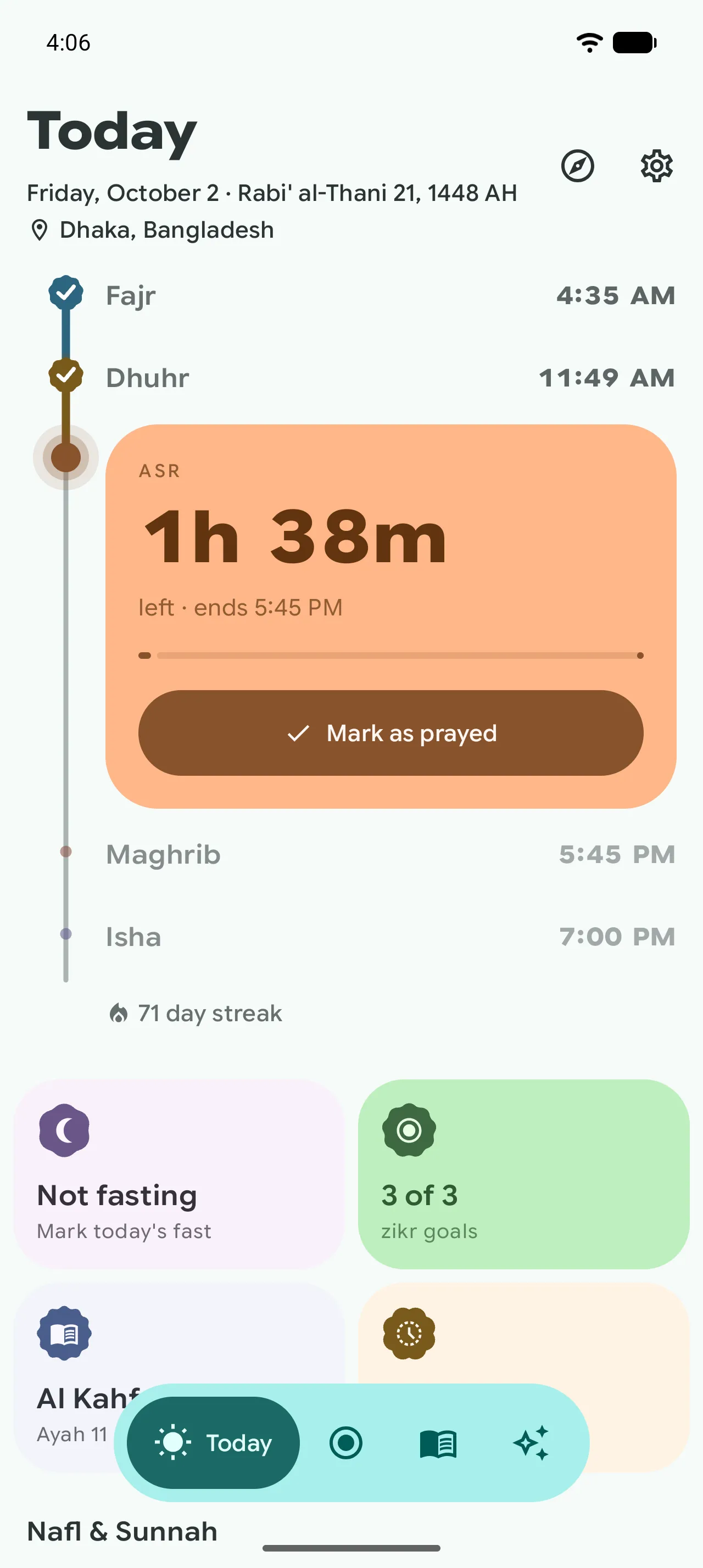Never miss a prayer: Today's prayers on a timeline with a live Waqt countdown