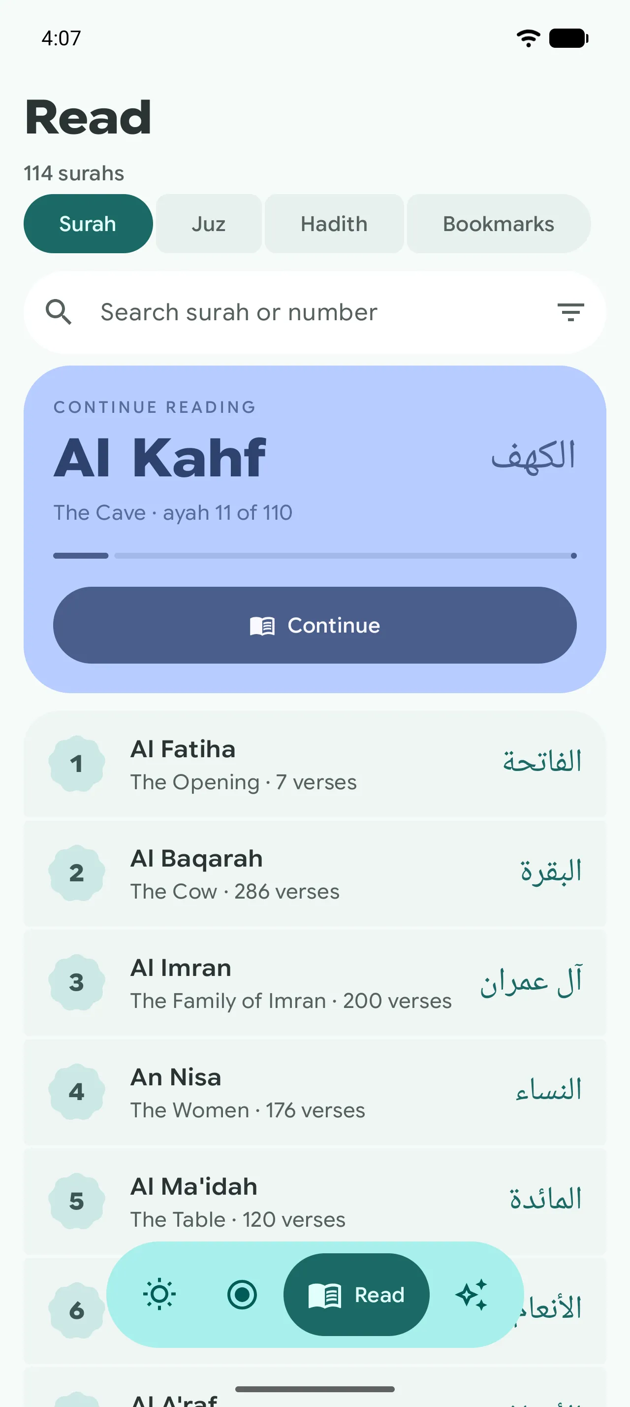 Read the Quran: All 114 Surahs, picking up where you left off