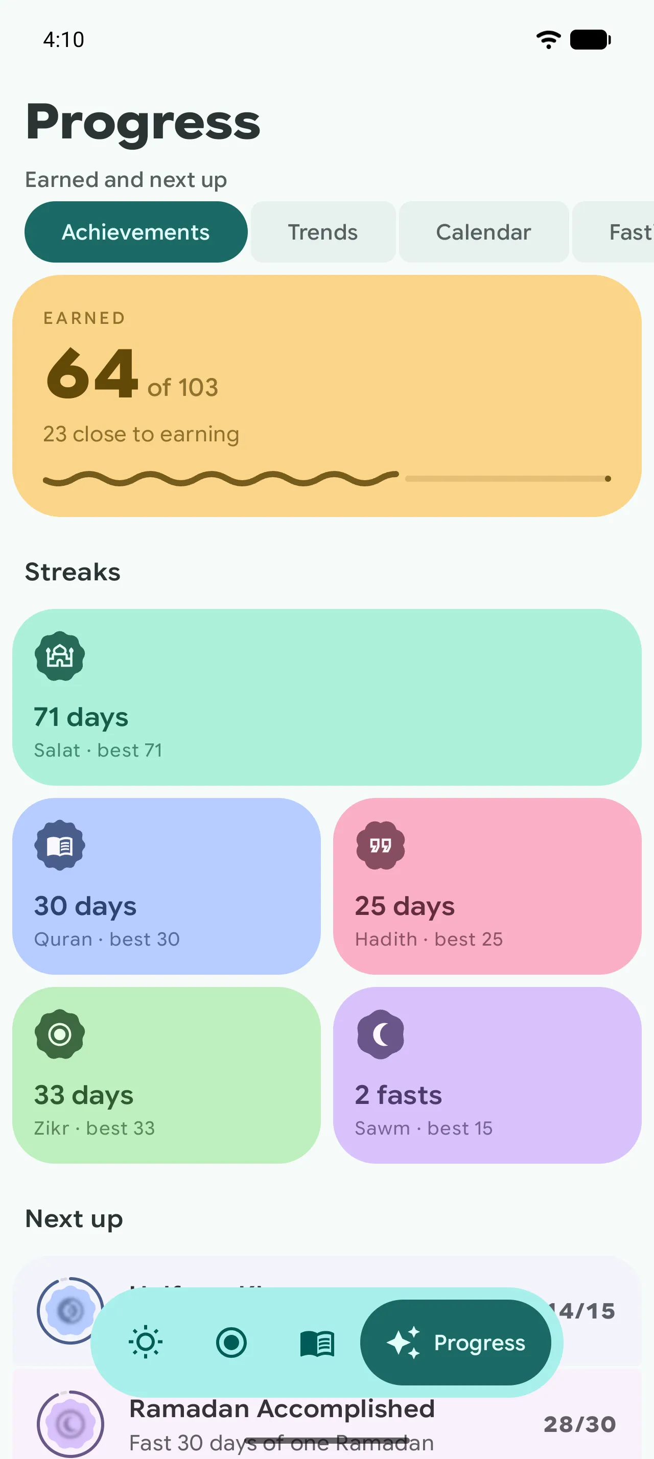 The achievements screen: 64 of 103 earned, with Salat, Quran, Hadith and Zikr streaks
