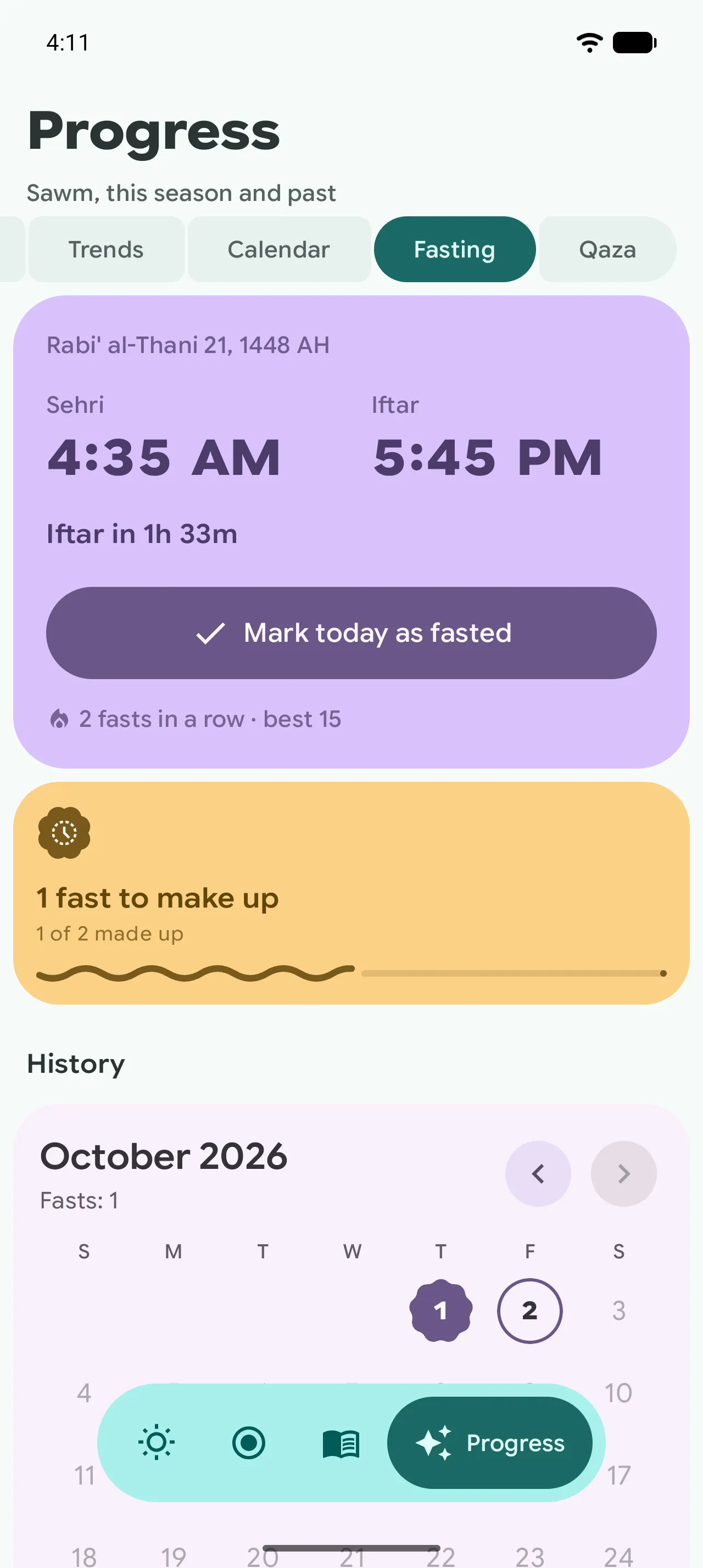 The One Ummah fasting tracker with Sehri and Iftar times